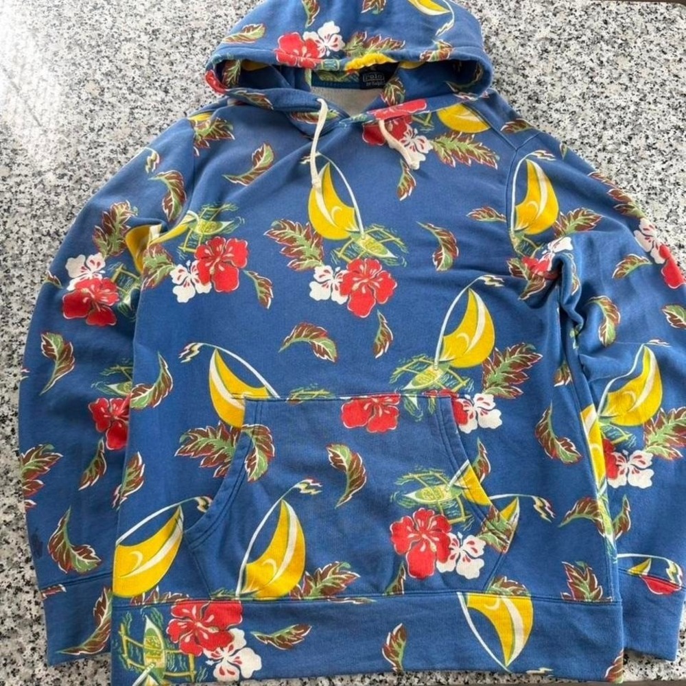 Polo Ralph Lauren Blue Vtg Multi Tropical Azure Beach Floral Hoodie Medium